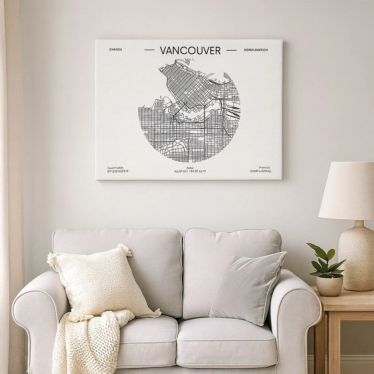 Cuadro sobre lienzo - Impresión de Imagen - Un mapa de Vancouver en un estilo minimalista en blanco y negro. - 70x50cm - Anatomía de Vancouver - Decoración de pared moderna para salón y dormitorio ARTTOR
