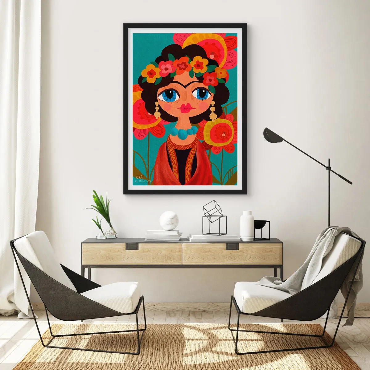 Póster en marco negro - Retrato colorido de una mujer en estilo popular y una corona de flores. - 50x70cm - La doncella amapola - Decoración de pared moderna para salón y dormitorio ARTTOR