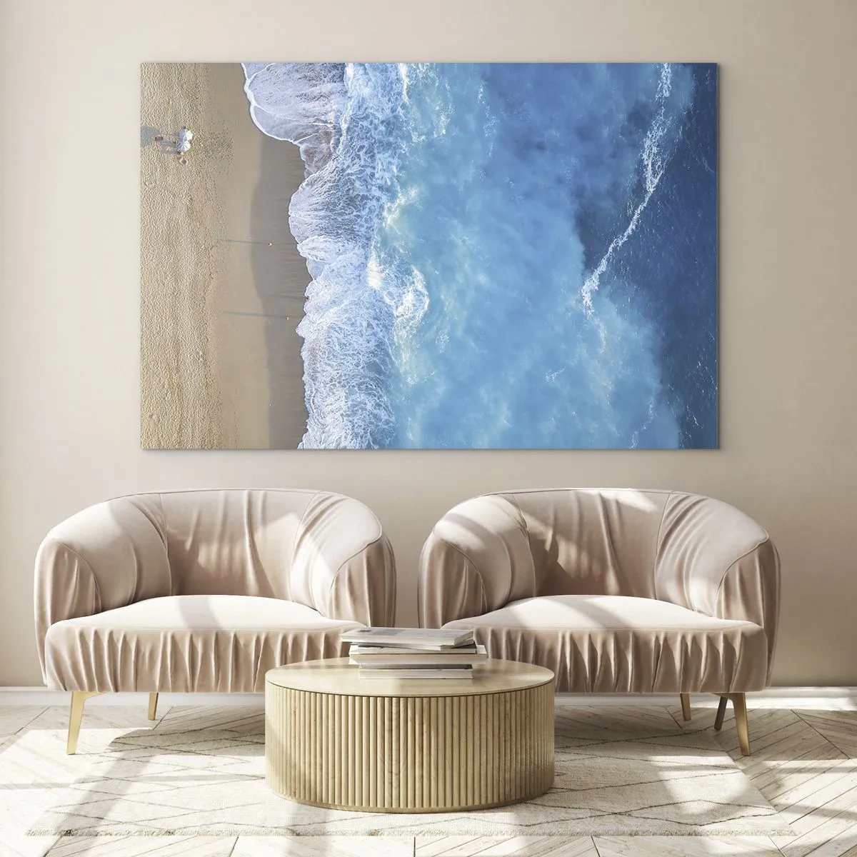 Cuadro sobre vidrio - Impresiones sobre Vidrio - Vista aérea de la playa y olas rompiendo. - 70x50cm - El poder del azul - Decoración de pared moderna para salón y dormitorio ARTTOR