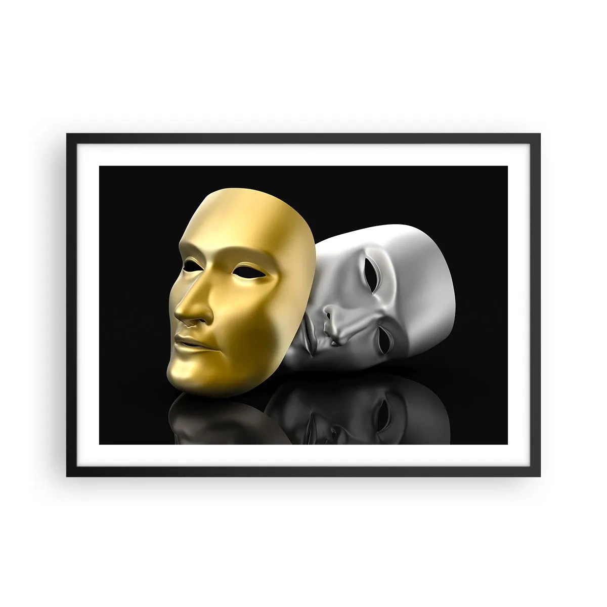 Póster en marco negro - Máscara de oro y plata sobre fondo negro. - 70x50cm - La vida es un teatro - Decoración de pared moderna para salón y dormitorio ARTTOR