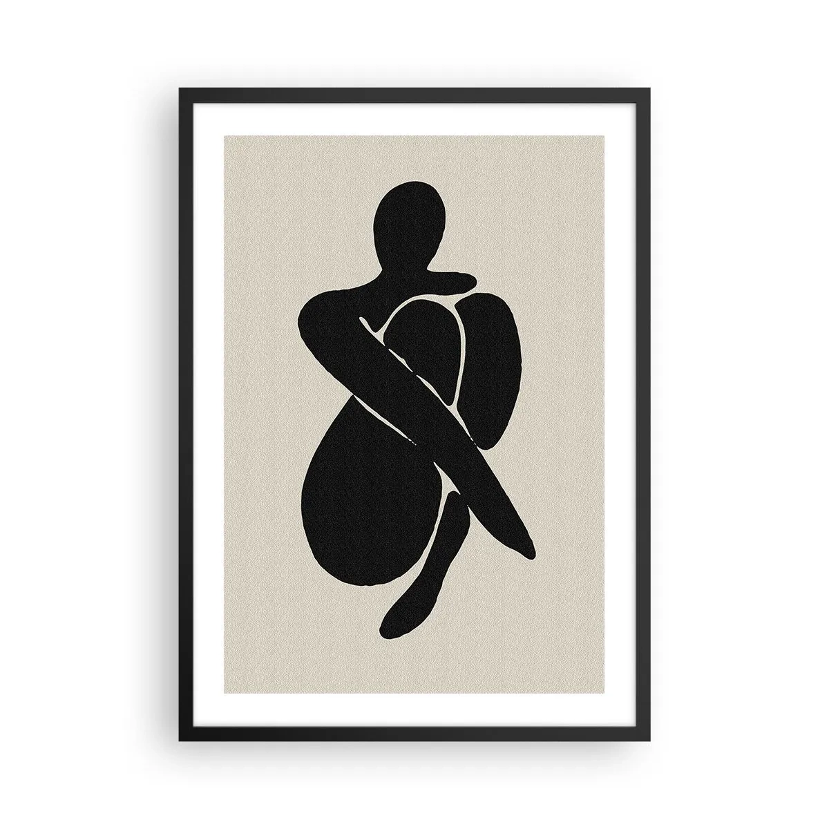 Póster en marco negro - Figura abstracta en pose con los brazos alrededor del cuerpo, ilustración en blanco y negro - 50x70cm - En mi propio abrazo - Decoración de pared moderna para salón y dormitorio ARTTOR