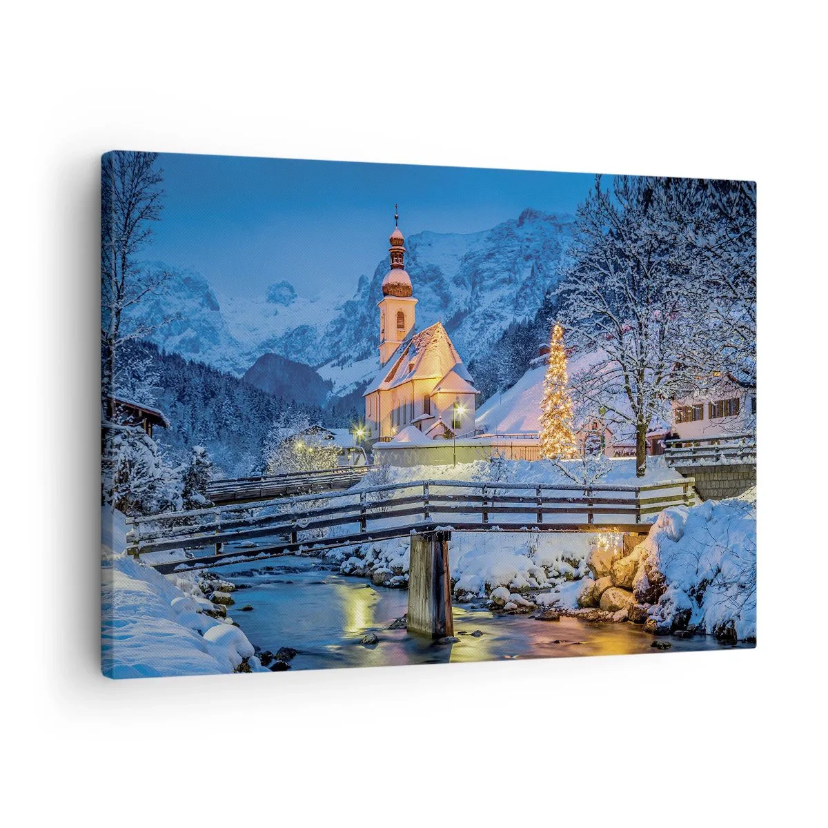 Cuadro sobre lienzo - Impresión de Imagen - Paisaje invernal con una iglesia, un puente y montañas al atardecer - 70x50cm - El espíritu de la Navidad - Decoración de pared moderna para salón y dormitorio ARTTOR