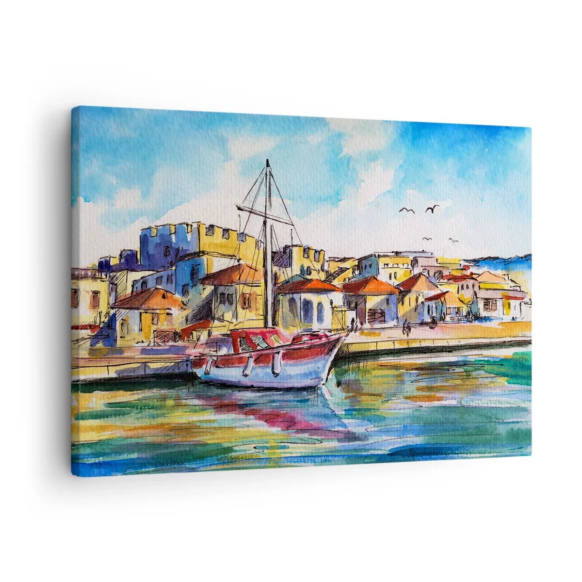 Cuadro sobre lienzo - Impresión de Imagen - Un puerto pintoresco con un barco y edificios coloridos. - 70x50cm - Tarde de arco iris - Decoración de pared moderna para salón y dormitorio ARTTOR