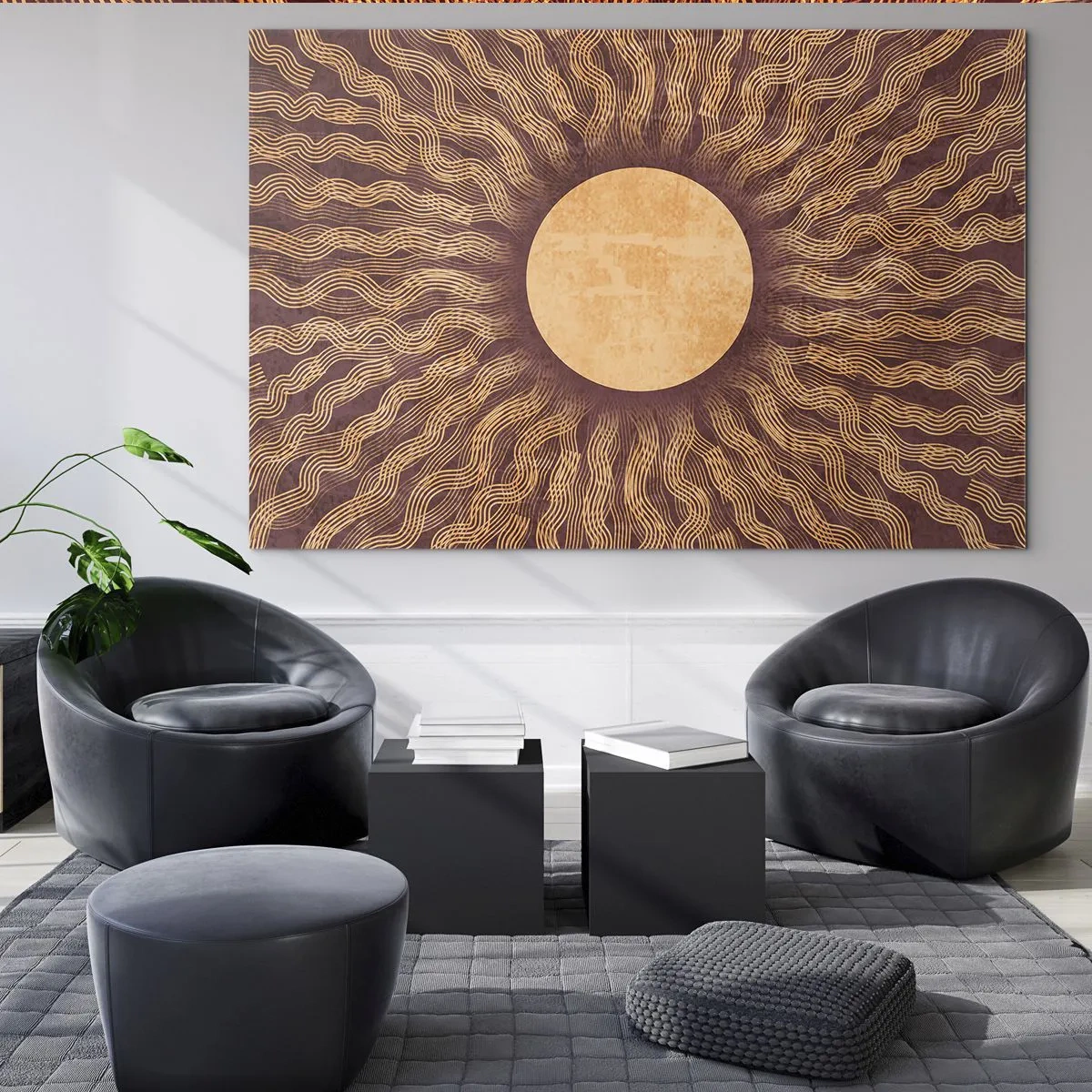 Cuadro sobre vidrio - Impresiones sobre Vidrio - Un sol estilizado con rayos en forma de líneas onduladas sobre un fondo marrón. - 70x50cm - Icono del sol - Decoración de pared moderna para salón y dormitorio ARTTOR