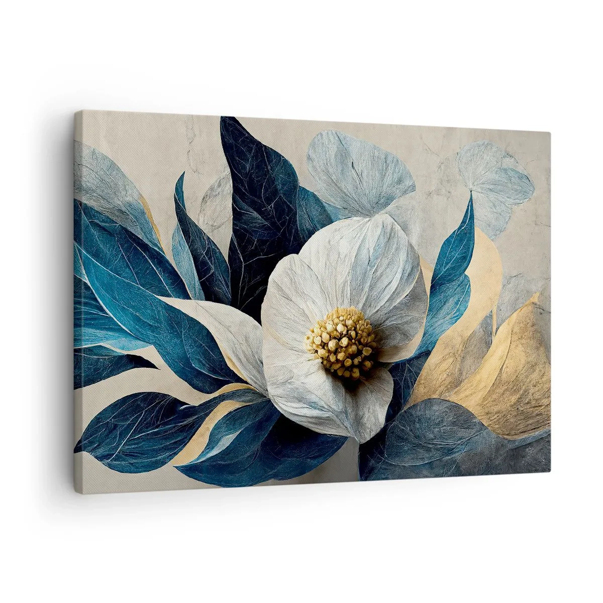 Cuadro sobre lienzo - Impresión de Imagen - Una flor con hojas azules sobre un fondo elegante. - 70x50cm - Con un corazón de oro - Decoración de pared moderna para salón y dormitorio ARTTOR