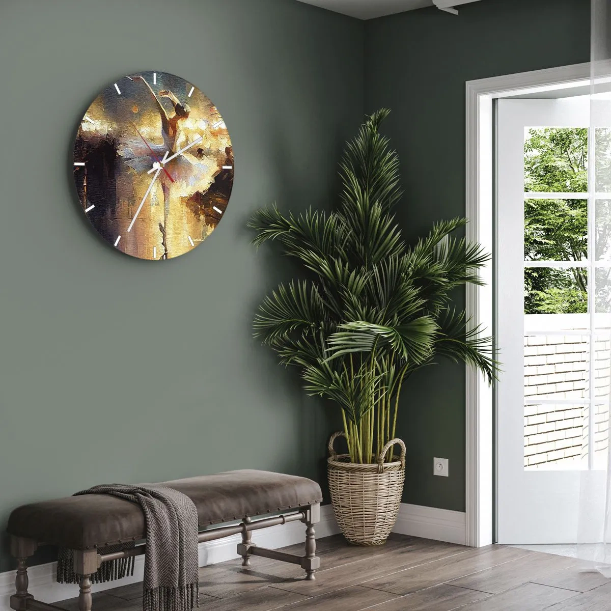 Reloj de pared - Reloj de vidrio - Una bailarina con un vestido blanco capturada en movimiento dinámico. - 30x30cm - Un milagro en la calle - Decoración de pared moderna para salón, cocina y dormitorio ARTTOR