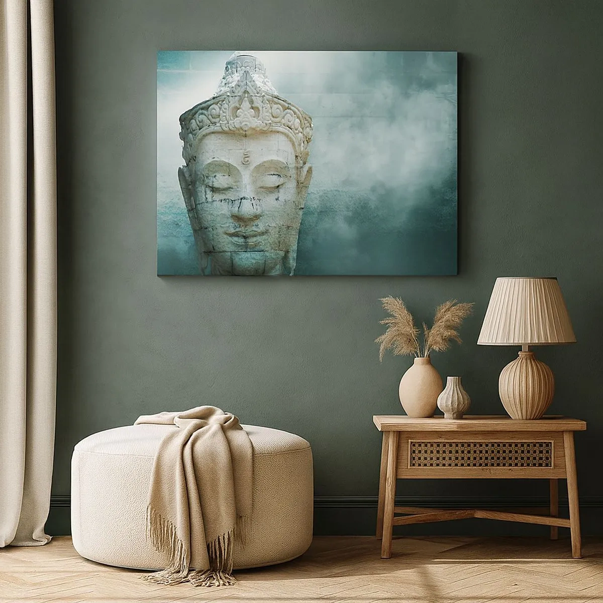 Cuadro sobre lienzo - Impresión de Imagen - Estatua de Buda con una suave niebla sobre un fondo verde. - 70x50cm - Buscando la luz - Decoración de pared moderna para salón y dormitorio ARTTOR