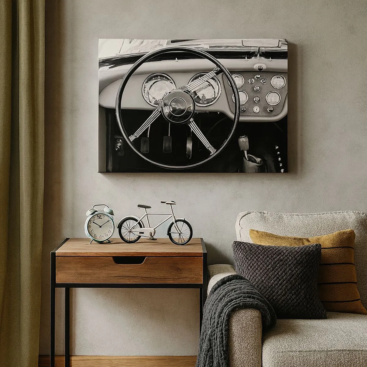 Cuadro sobre lienzo - Impresión de Imagen - Interior de coche clásico en blanco y negro - 70x50cm - El sueño de un coleccionista - Decoración de pared moderna para salón y dormitorio ARTTOR