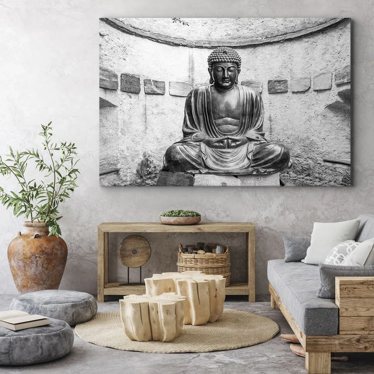 Cuadro sobre lienzo - Impresión de Imagen - Estatua de Buda en blanco y negro en pose meditativa. - 70x50cm - En la fuente de la paz - Decoración de pared moderna para salón y dormitorio ARTTOR