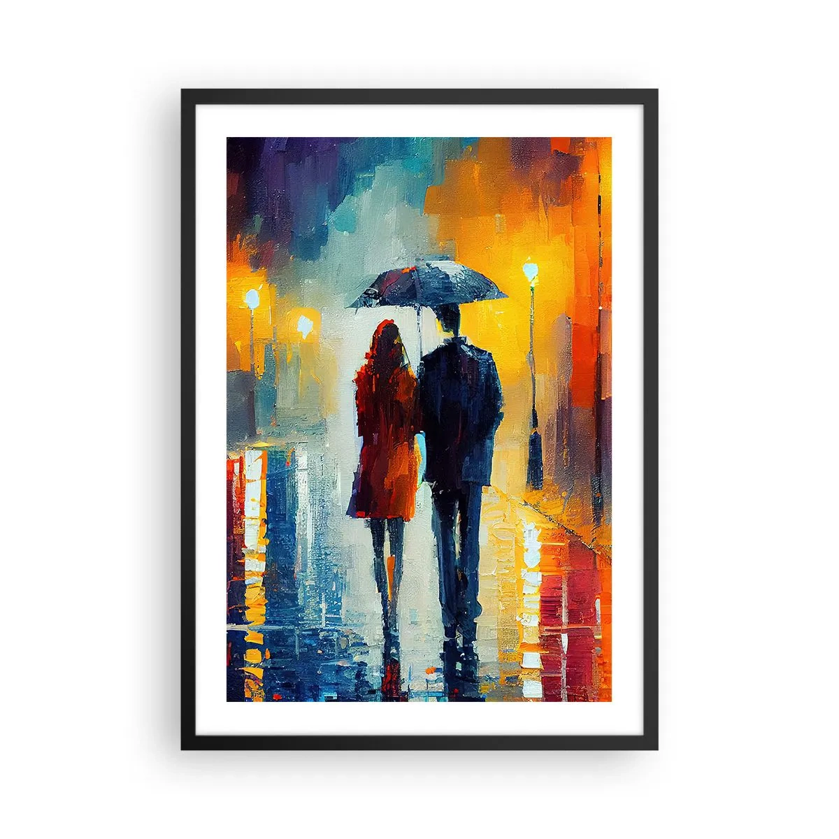 Póster en marco negro - Una pareja con paraguas bajo la lluvia, caminando por una calle de la ciudad. - 50x70cm - Juntos en una noche llena de color - Decoración de pared moderna para salón y dormitorio ARTTOR