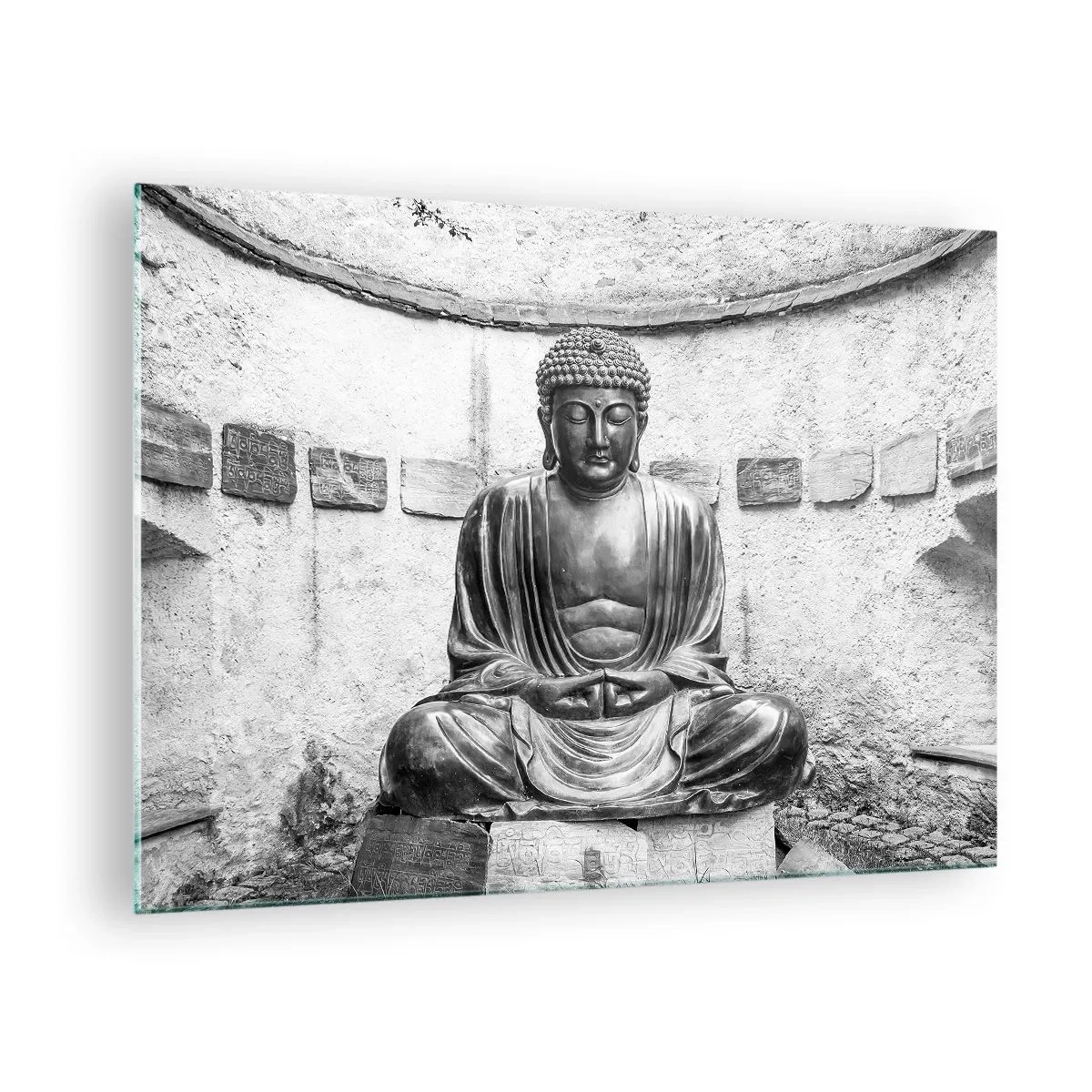 Cuadro sobre vidrio - Impresiones sobre Vidrio - Estatua en blanco y negro de Buda en pose meditativa. - 70x50cm - En la fuente de la paz - Decoración de pared moderna para salón y dormitorio ARTTOR
