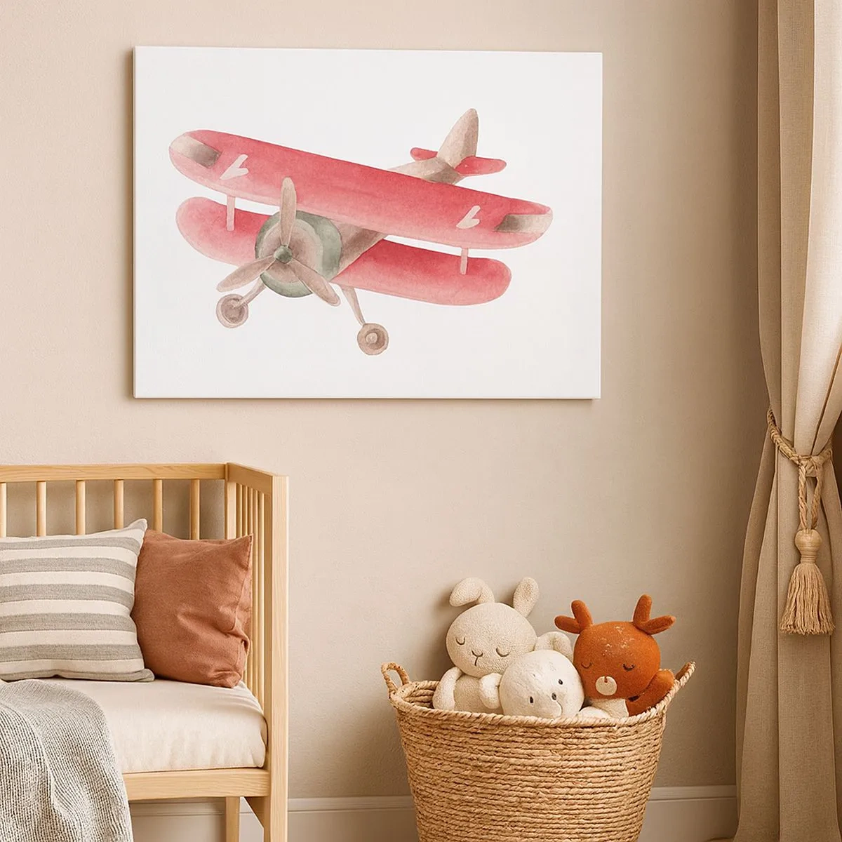 Cuadro sobre lienzo - Impresión de Imagen - Avión retro rojo sobre fondo blanco - 70x50cm - Listo para surcar los cielos - Decoración de pared moderna para salón y dormitorio ARTTOR