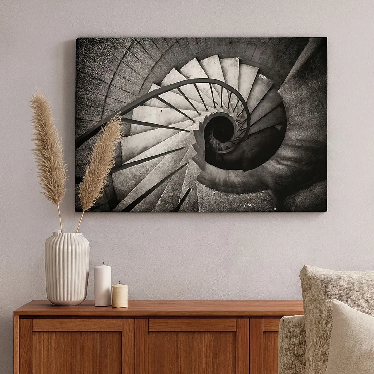 Cuadro sobre lienzo - Impresión de Imagen - Escalera de caracol en blanco y negro de estilo moderno. - 70x50cm - Escaleras arriba, escaleras abajo - Decoración de pared moderna para salón y dormitorio ARTTOR