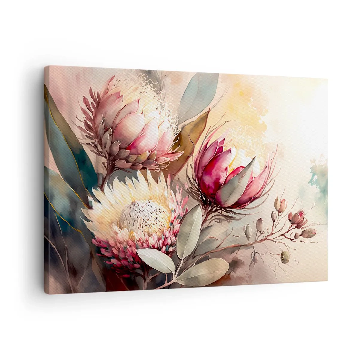 Cuadro sobre lienzo - Impresión de Imagen - Flores de protea en delicados tonos pastel. - 70x50cm - De perfil y de frente - Decoración de pared moderna para salón y dormitorio ARTTOR