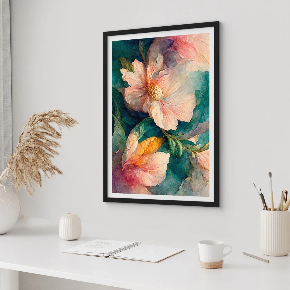Póster en marco negro - Flores delicadas en estilo acuarela. - 50x70cm - La sutileza misma - Decoración de pared moderna para salón y dormitorio ARTTOR