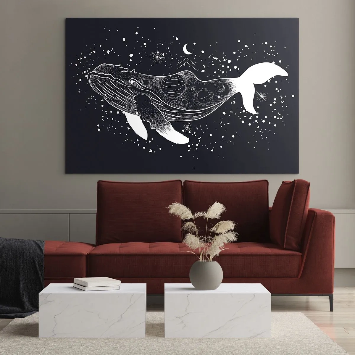Cuadro sobre vidrio - Impresiones sobre Vidrio - Silueta blanca gráfica de una ballena flotando en el espacio. - 70x50cm - En el océano del universo - Decoración de pared moderna para salón y dormitorio ARTTOR