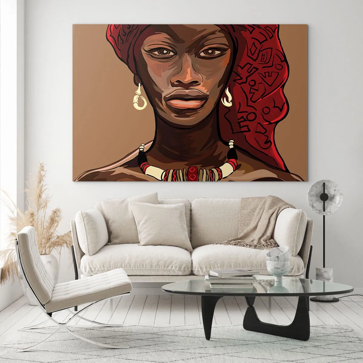 Cuadro sobre vidrio - Impresiones sobre Vidrio - Retrato estilizado de una mujer con turbante rojo y joyas. - 70x50cm - Venus de ébano - Decoración de pared moderna para salón y dormitorio ARTTOR