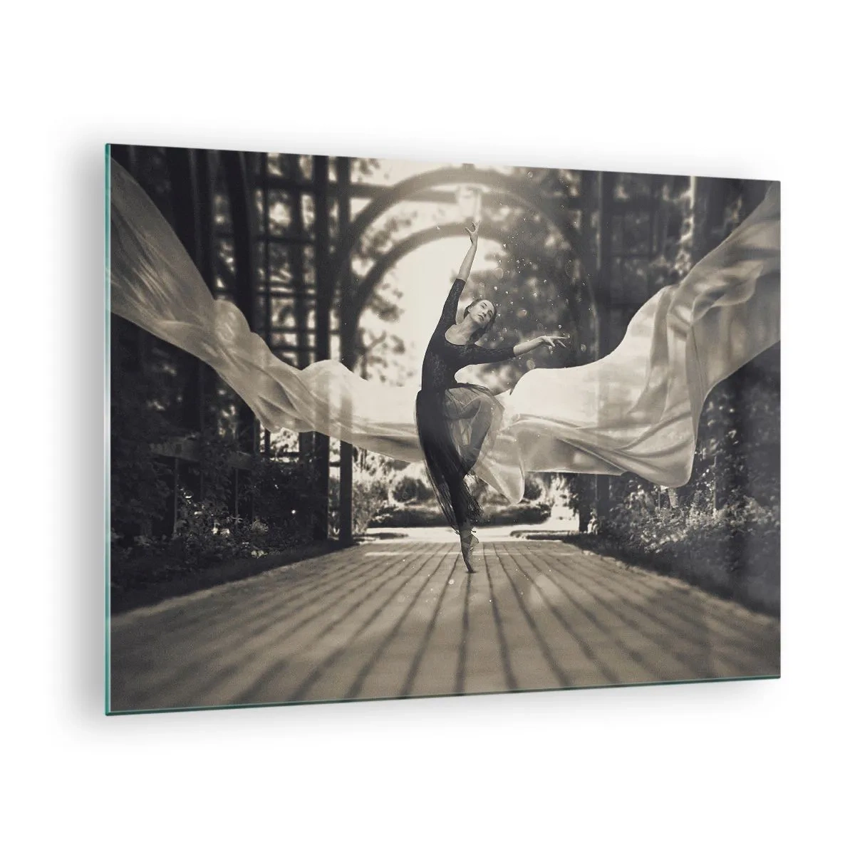 Cuadro sobre vidrio - Impresiones sobre Vidrio - Una bailarina en movimiento sobre un fondo de jardín en blanco y negro. - 70x50cm - Danza del espíritu del jardín - Decoración de pared moderna para salón y dormitorio ARTTOR