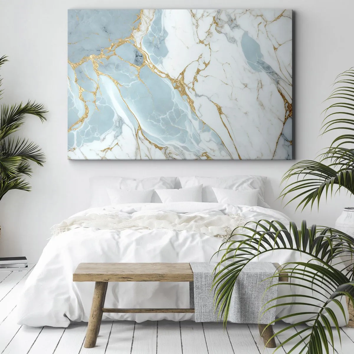 Cuadro sobre lienzo - Impresión de Imagen - Patrones de mármol azul y blanco con vetas doradas añadidas. - 70x50cm - Riqueza en la piedra - Decoración de pared moderna para salón y dormitorio ARTTOR