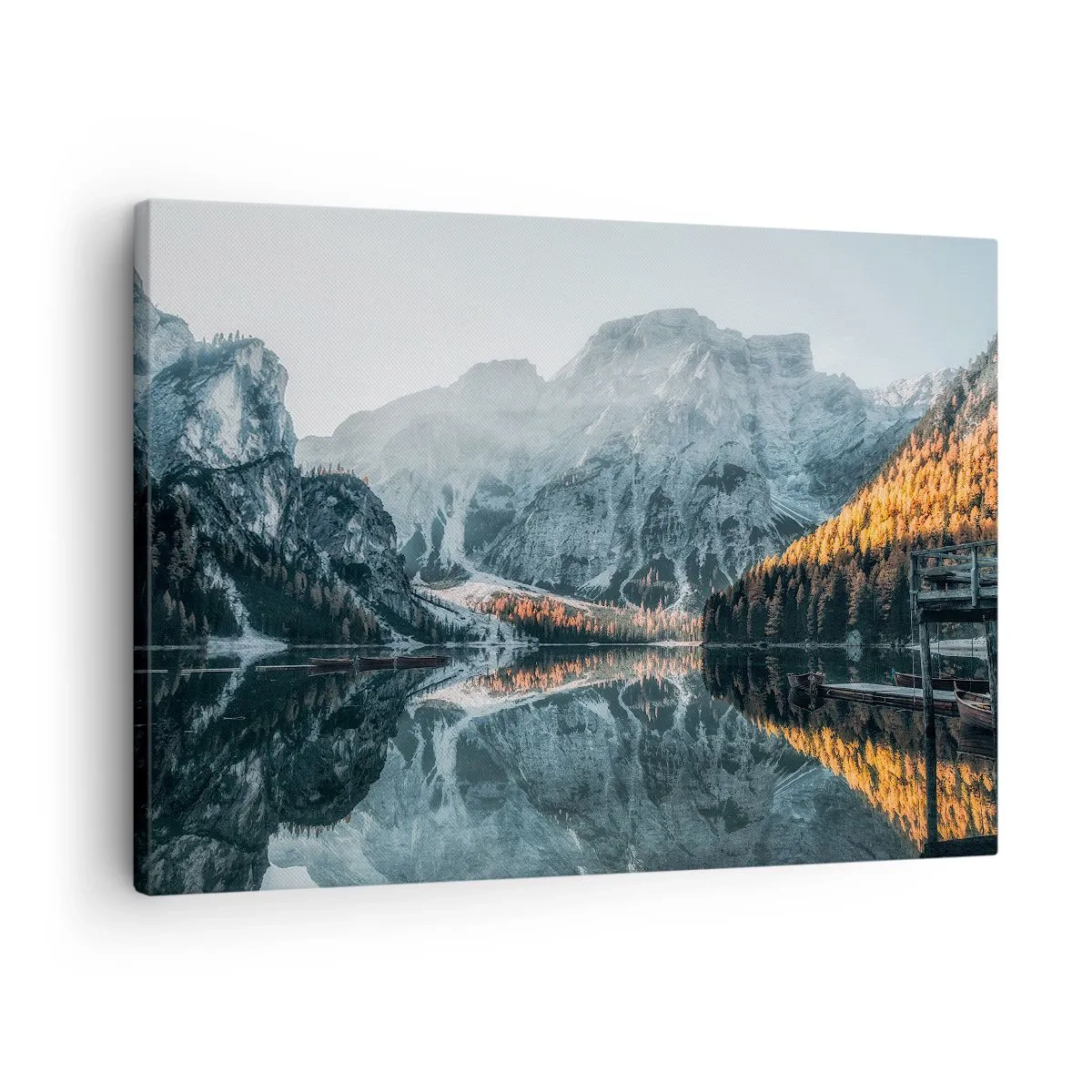 Cuadro sobre lienzo - Impresión de Imagen - Un paisaje de montaña reflejado en la tranquila superficie de un lago. - 70x50cm - Paisaje en el espejo - Decoración de pared moderna para salón y dormitorio ARTTOR