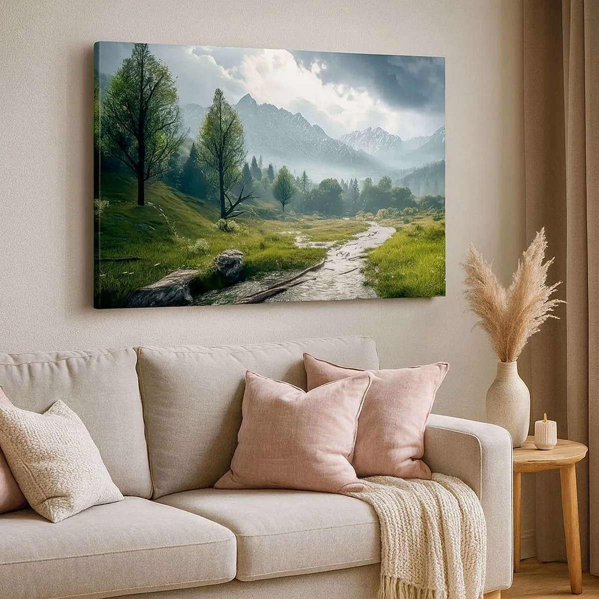 Cuadro sobre lienzo - Impresión de Imagen - Un paisaje montañoso con un río y árboles rodeados de montañas brumosas. - 70x50cm - De ida y vuelta - Decoración de pared moderna para salón y dormitorio ARTTOR