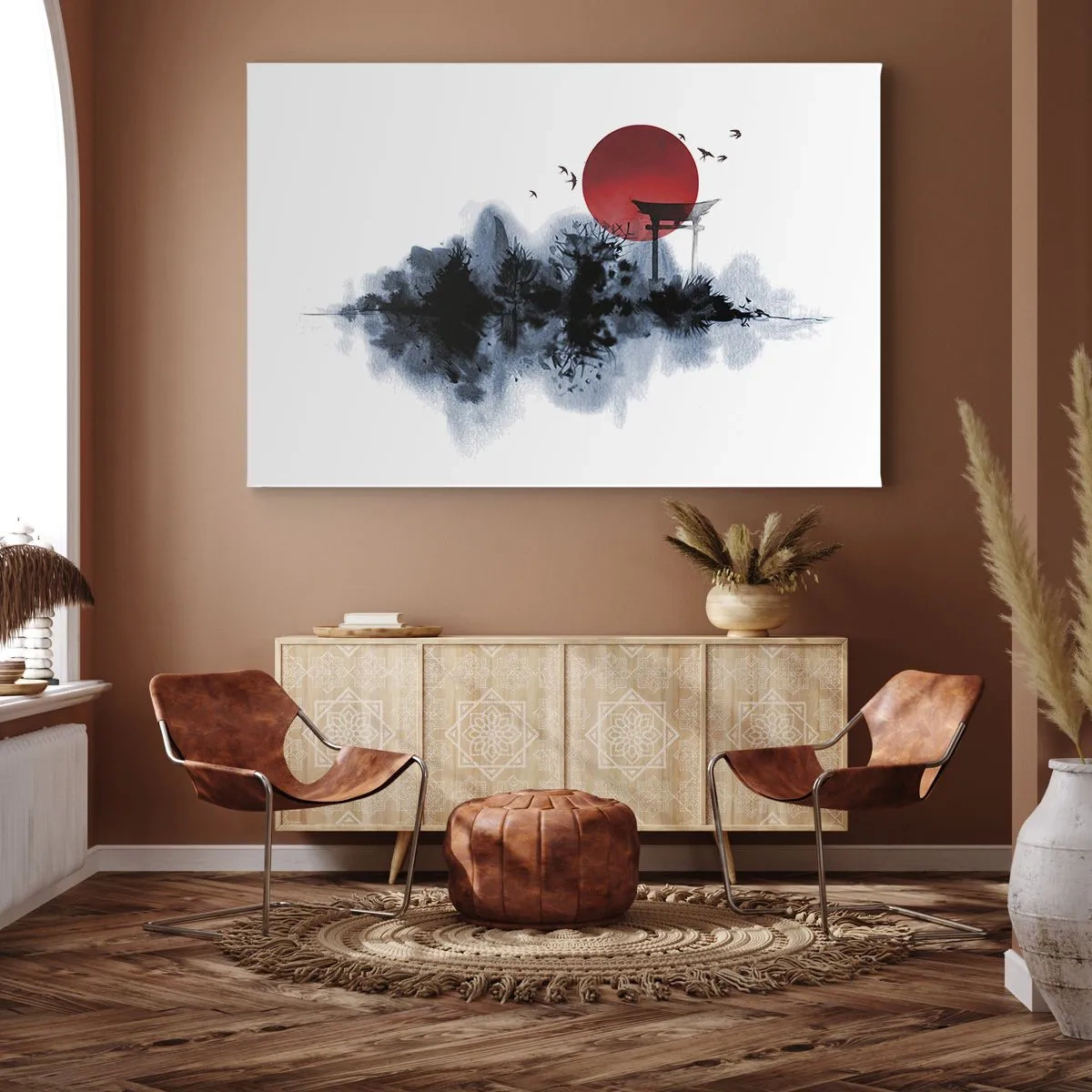 Cuadro sobre lienzo - Impresión de Imagen - Sol rojo sobre un paisaje pintoresco con torii - 70x50cm - Visión japonesa - Decoración de pared moderna para salón y dormitorio ARTTOR