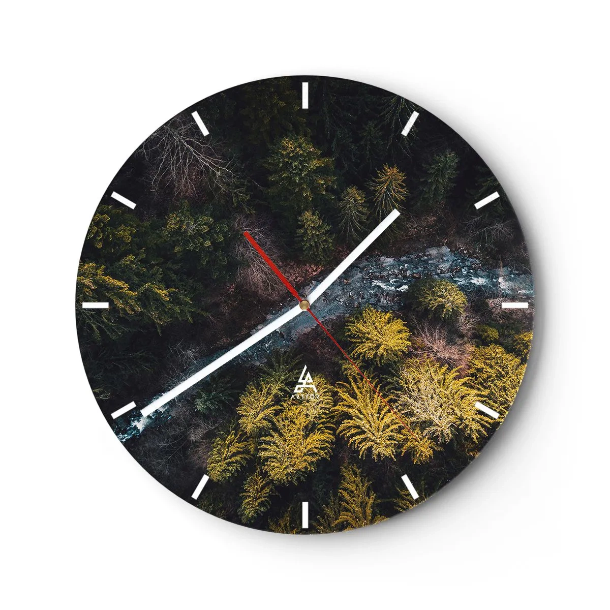 Reloj de pared - Reloj de vidrio - Una vista desde arriba del bosque y un arroyo entre los árboles coníferos. - 30x30cm - Rápido, cada vez más rápido - Decoración de pared moderna para salón, cocina y dormitorio ARTTOR