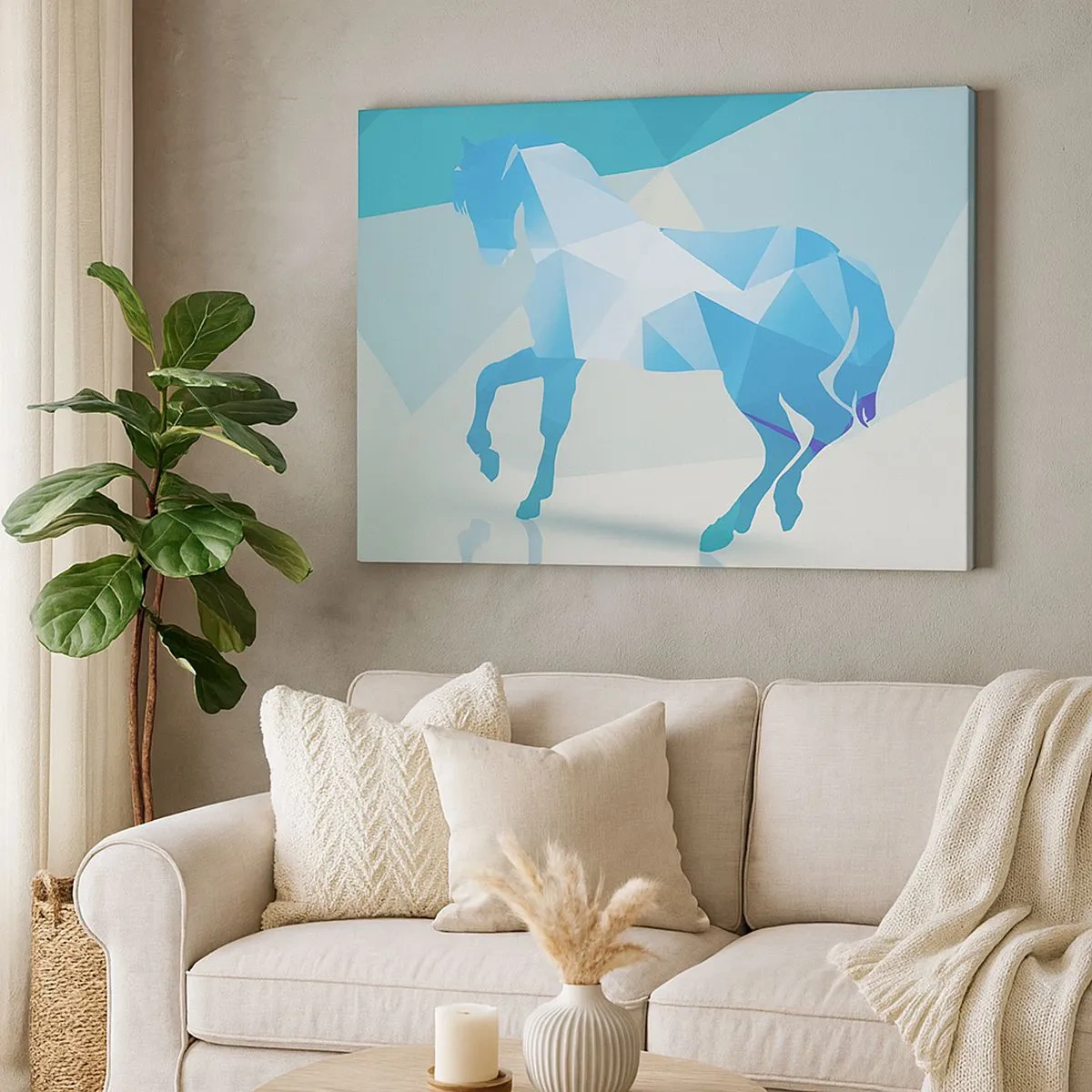 Cuadro sobre lienzo - Impresión de Imagen - Silueta geométrica de un caballo en tonos azules. - 70x50cm - Caballo geométrico en turquesa - Decoración de pared moderna para salón y dormitorio ARTTOR