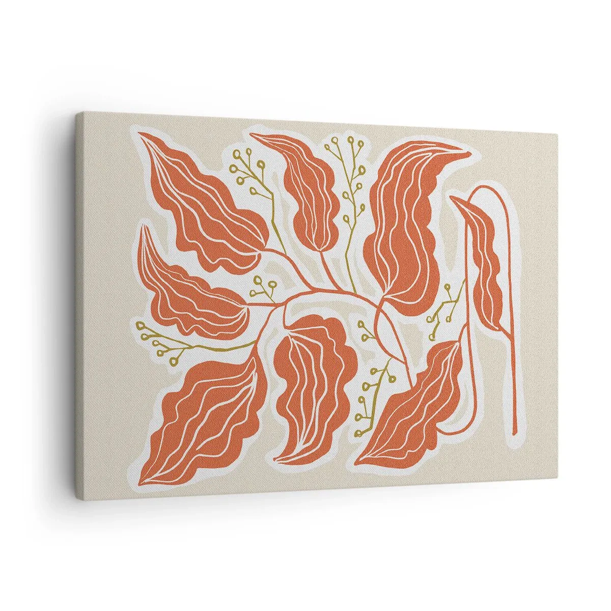 Cuadro sobre lienzo - Impresión de Imagen - Un motivo de hojas minimalista en tonos naranja y verde. - 70x50cm - Folk y coral - Decoración de pared moderna para salón y dormitorio ARTTOR