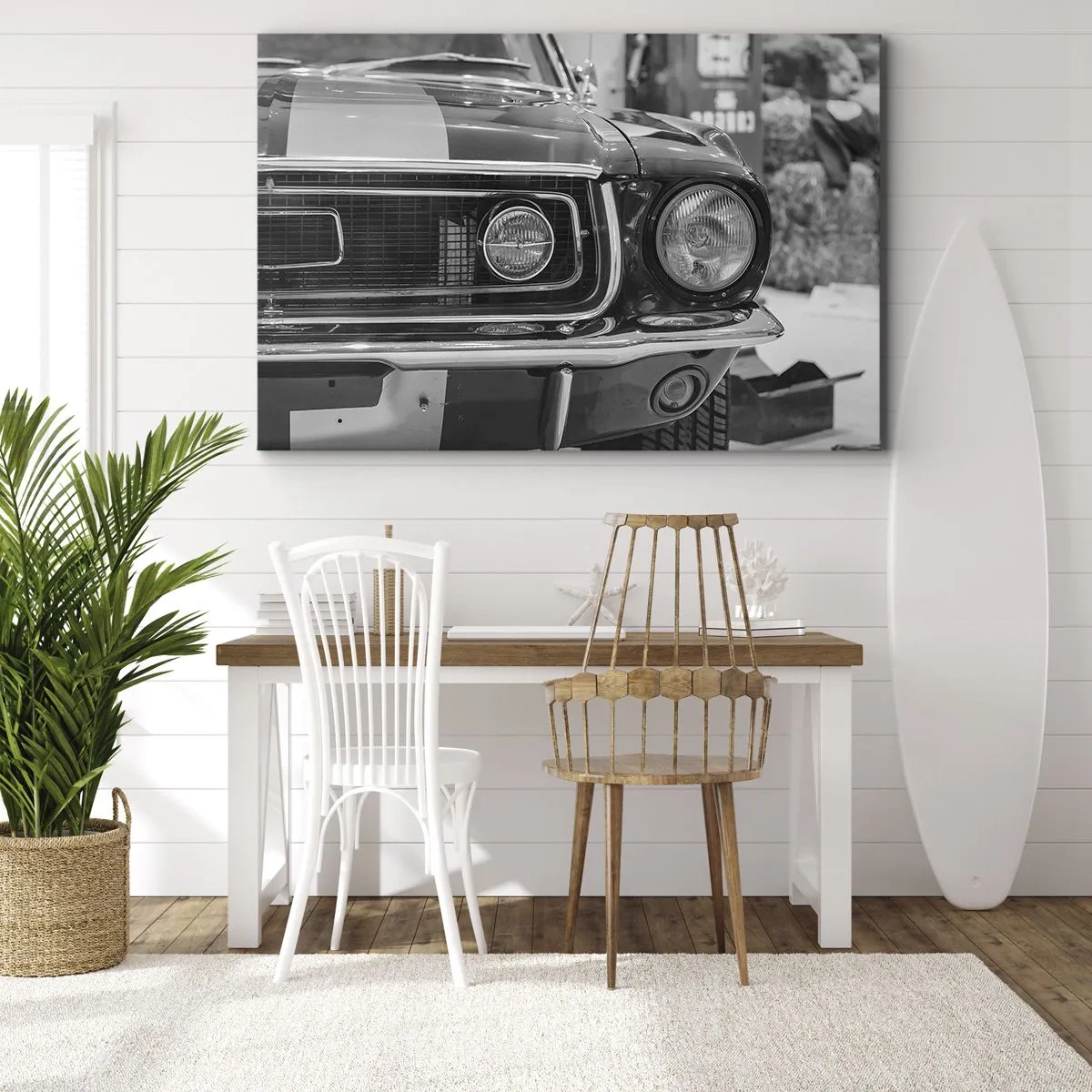 Cuadro sobre lienzo - Impresión de Imagen - Capó de coche clásico en blanco y negro - 70x50cm - Paseo rudo - Decoración de pared moderna para salón y dormitorio ARTTOR