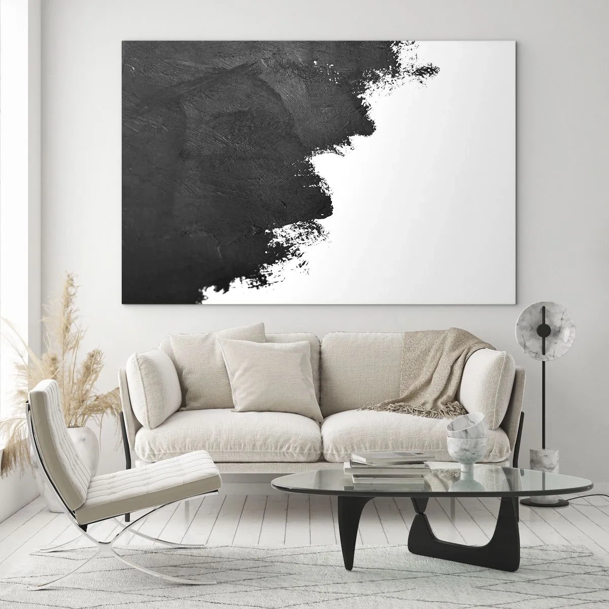 Cuadro sobre vidrio - Impresiones sobre Vidrio - Textura de pintura negra sobre un fondo blanco en un estilo minimalista. - 70x50cm - Elementos: tierra - Decoración de pared moderna para salón y dormitorio ARTTOR