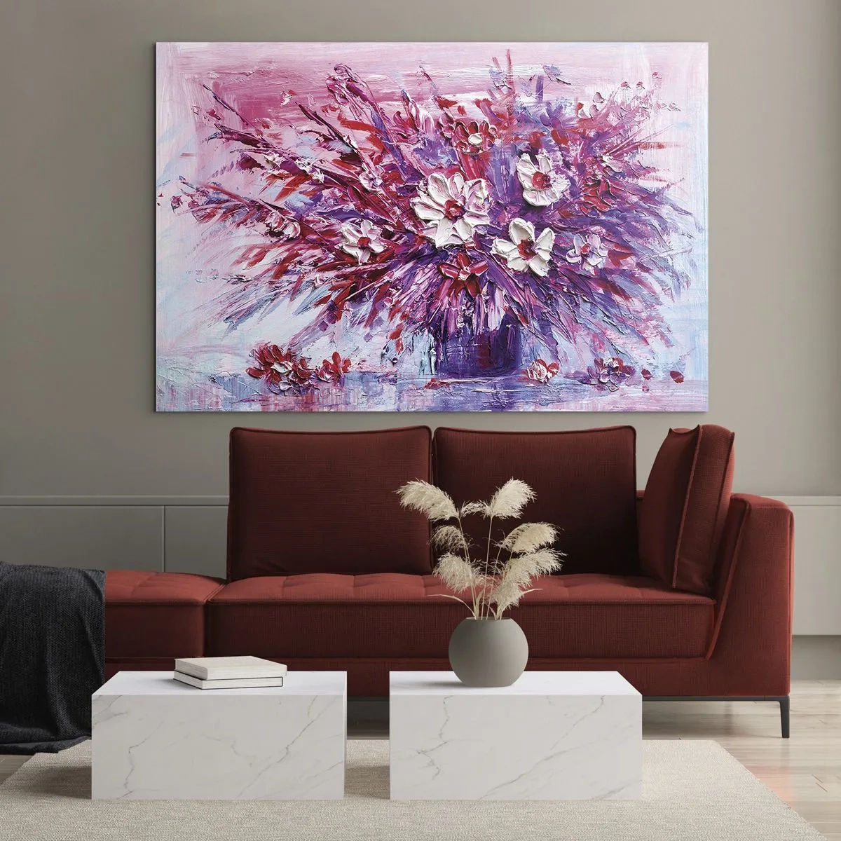 Cuadro sobre vidrio - Impresiones sobre Vidrio - Un ramo de flores en tonos rosa y morado. - 70x50cm - Inocencia y pasión - Decoración de pared moderna para salón y dormitorio ARTTOR