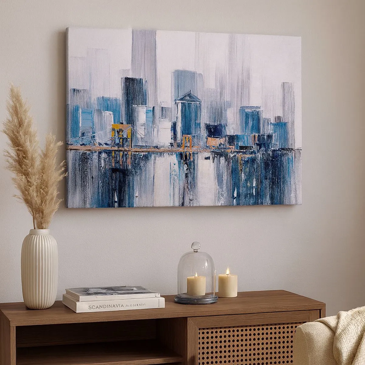 Cuadro sobre lienzo - Impresión de Imagen - Panorama abstracto de la ciudad con tonos de azul y amarillo - 70x50cm - Impresión neoyorquina - Decoración de pared moderna para salón y dormitorio ARTTOR