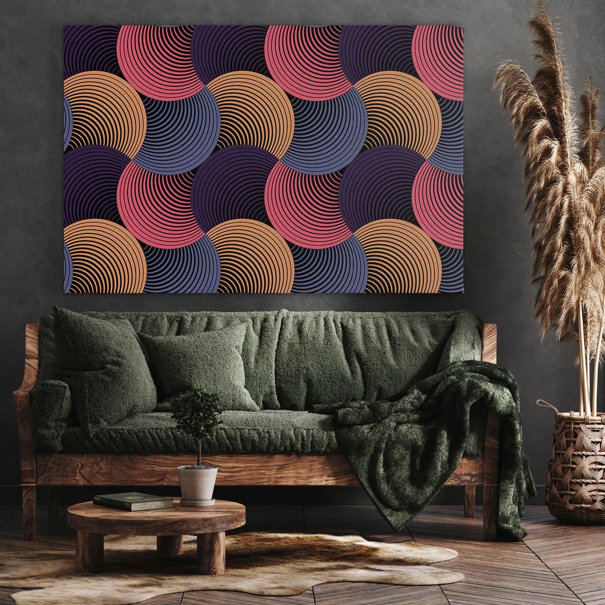 Cuadro sobre lienzo - Impresión de Imagen - Círculos geométricos en tonos rosa, morado y dorado. - 70x50cm - En un ritmo circular - Decoración de pared moderna para salón y dormitorio ARTTOR