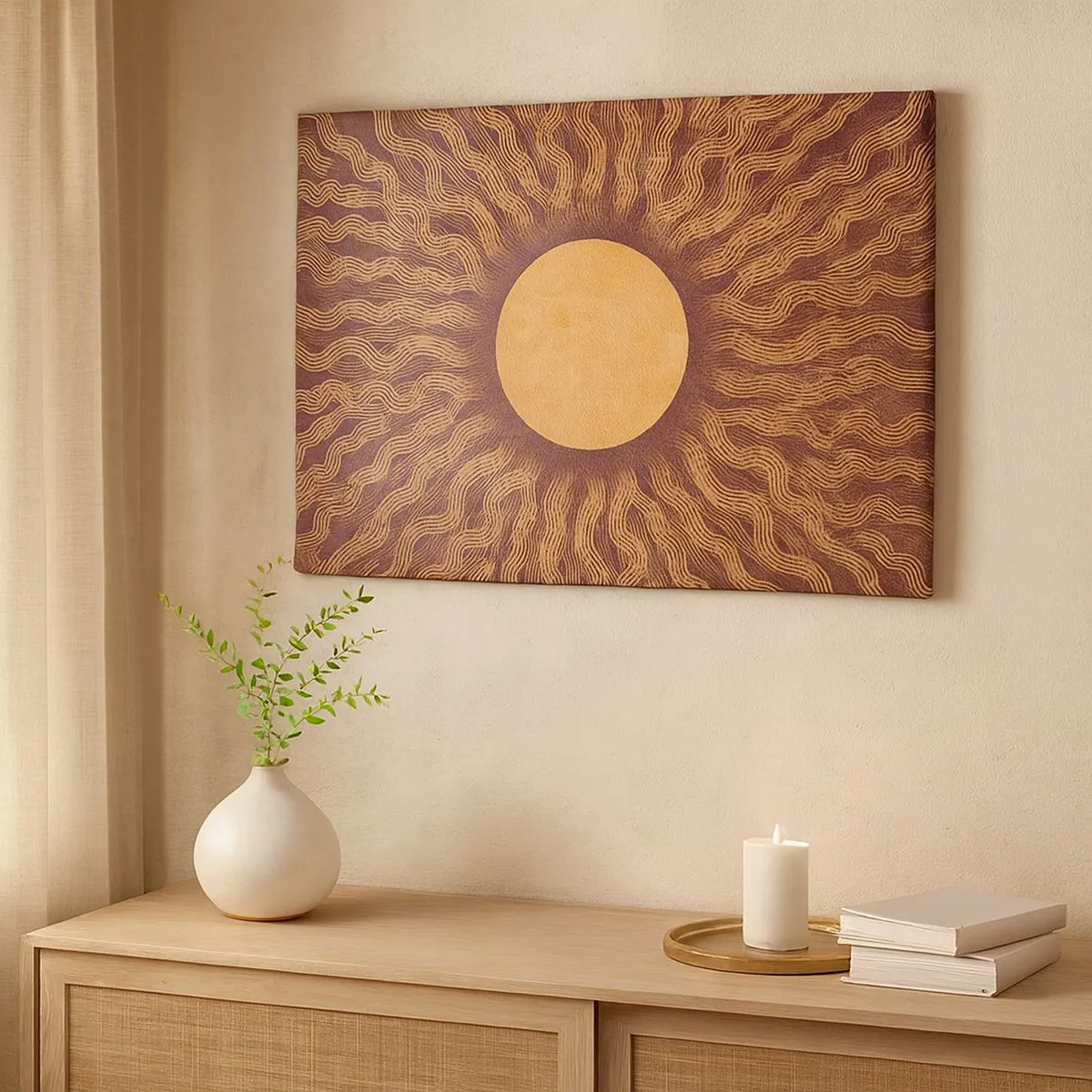 Cuadro sobre lienzo - Impresión de Imagen - Patrón soleado con rayos sobre un fondo en tonos marrones. - 70x50cm - Icono del sol - Decoración de pared moderna para salón y dormitorio ARTTOR
