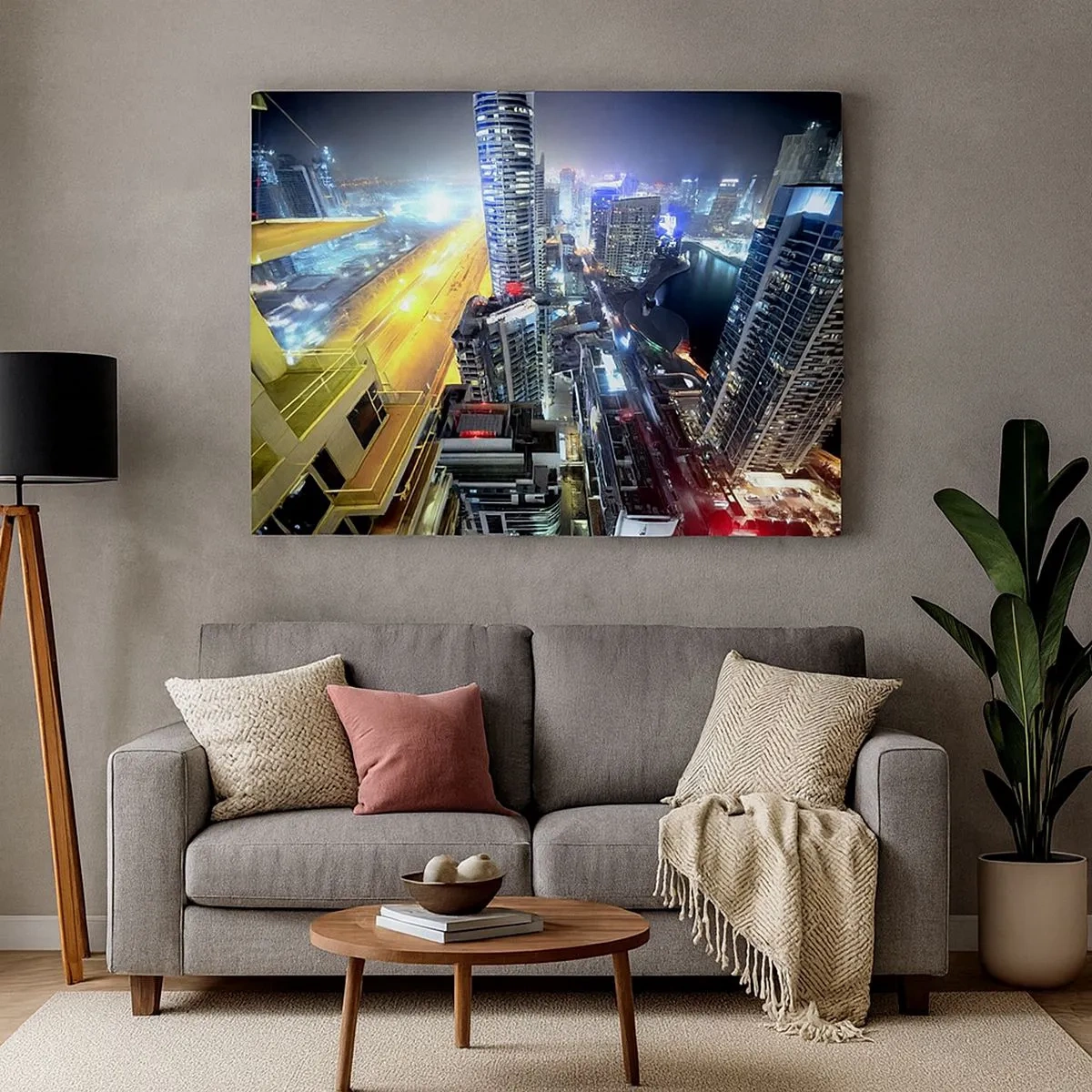 Cuadro sobre lienzo - Impresión de Imagen - Panorama de la ciudad nocturna con rascacielos iluminados - 70x50cm - Un milagro en el desierto - Decoración de pared moderna para salón y dormitorio ARTTOR