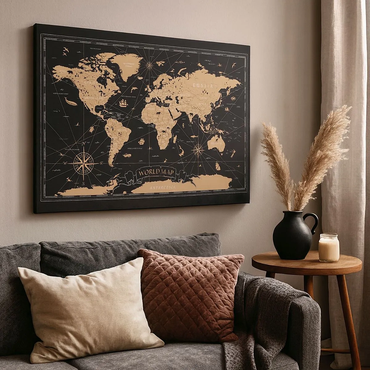 Cuadro sobre lienzo - Impresión de Imagen - Un mapa del mundo estilizado sobre un fondo negro con acentos beige. - 70x50cm - Las fronteras de mi mundo - Decoración de pared moderna para salón y dormitorio ARTTOR