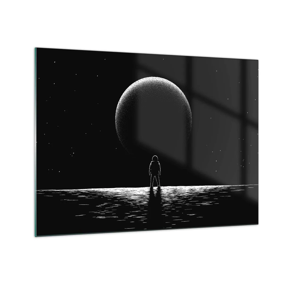 Cuadro sobre vidrio - Impresiones sobre Vidrio - Astronauta de pie frente a un planeta en blanco y negro. - 70x50cm - Cara a cara - Decoración de pared moderna para salón y dormitorio ARTTOR