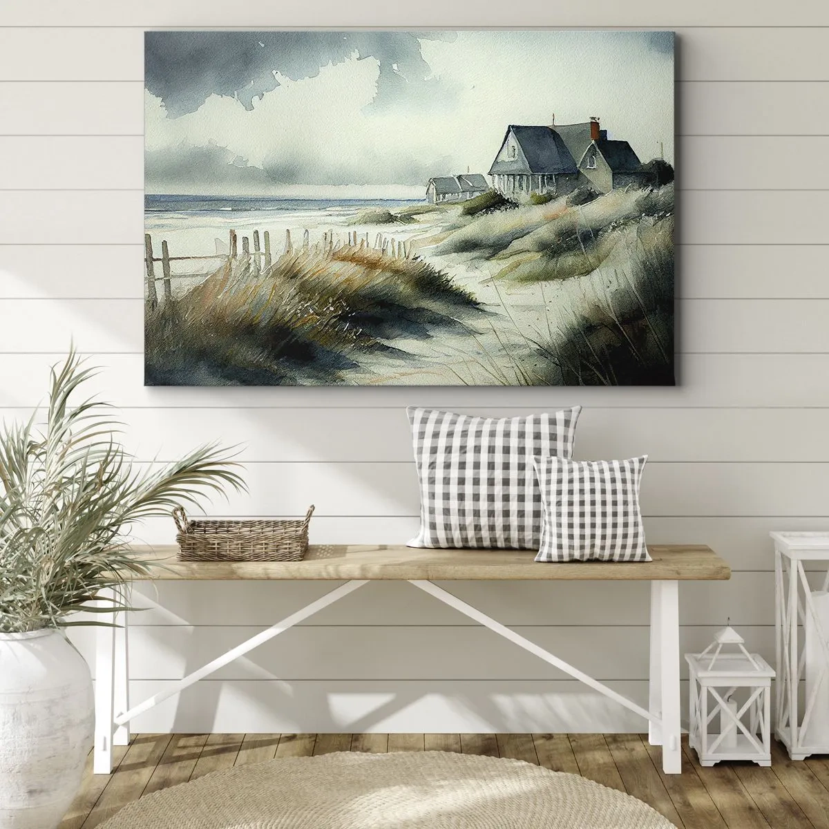 Cuadro sobre lienzo - Impresión de Imagen - Una casa junto al mar rodeada de césped y con vistas al mar. - 70x50cm - Lejos del bullicio - Decoración de pared moderna para salón y dormitorio ARTTOR