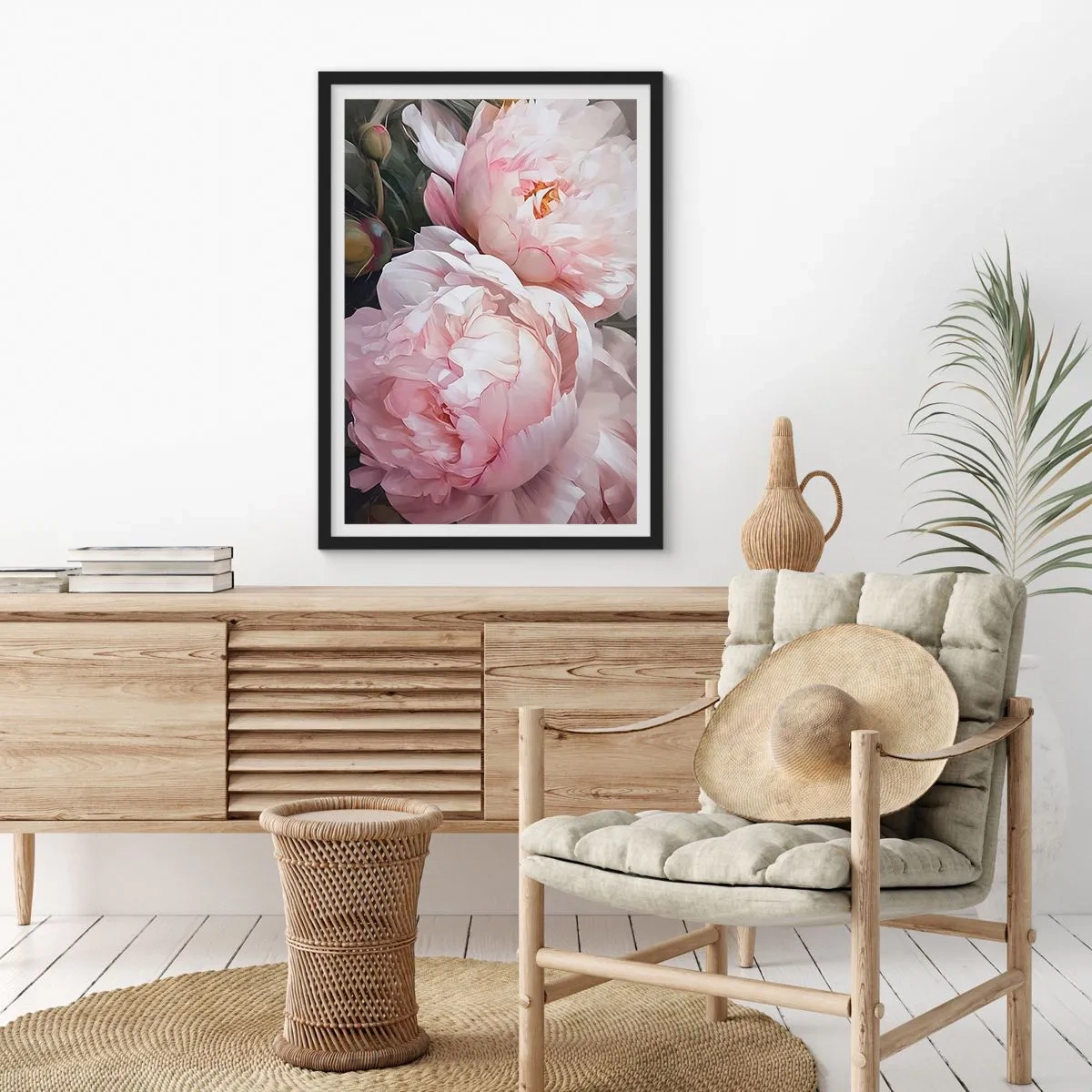 Póster en marco negro - Delicadas peonías en tonos pastel de rosa y blanco. - 50x70cm - En flor - Decoración de pared moderna para salón y dormitorio ARTTOR