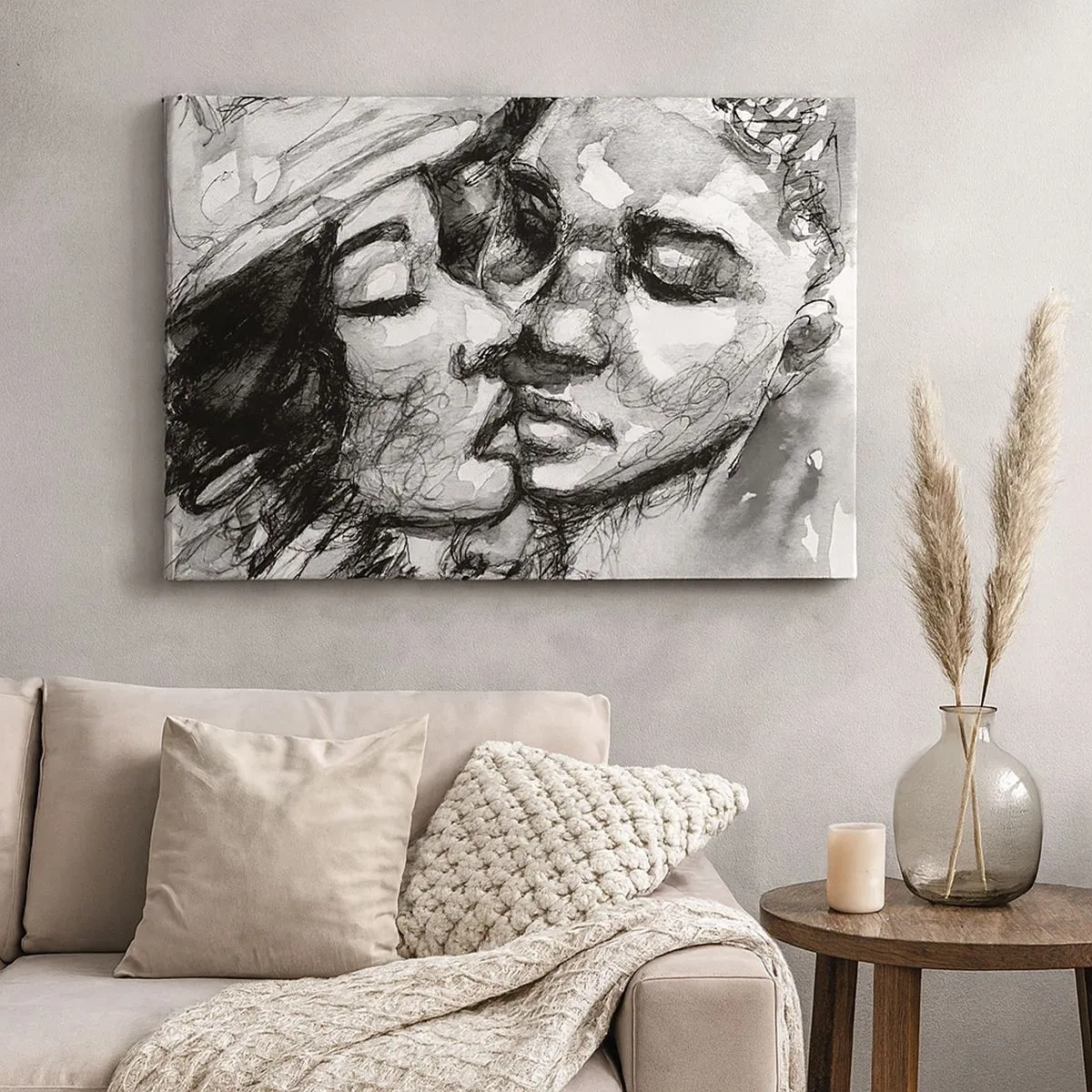 Cuadro sobre lienzo - Impresión de Imagen - Una acuarela en blanco y negro que representa un momento íntimo entre dos personas. - 70x50cm - Un momento tierno - Decoración de pared moderna para salón y dormitorio ARTTOR
