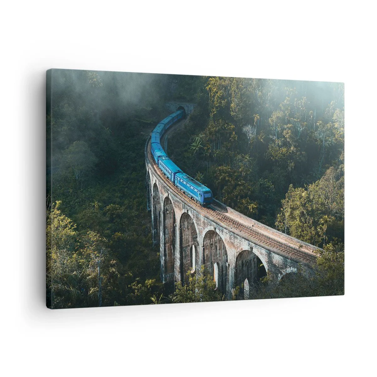 Cuadro sobre lienzo - Impresión de Imagen - Un tren azul en un viaducto histórico entre los bosques. - 70x50cm - Vías sobre la naturaleza - Decoración de pared moderna para salón y dormitorio ARTTOR