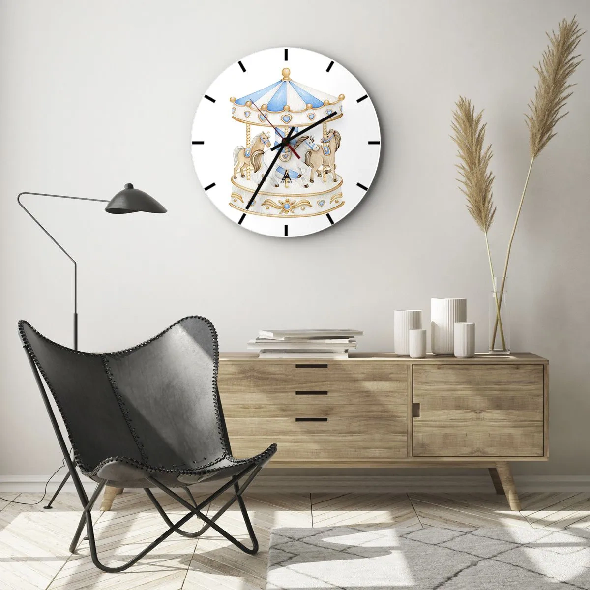 Reloj de pared - Reloj de vidrio - Un carrusel con caballos en tonos pastel de azul y beige. - 30x30cm - Dulce infancia - Decoración de pared moderna para salón, cocina y dormitorio ARTTOR