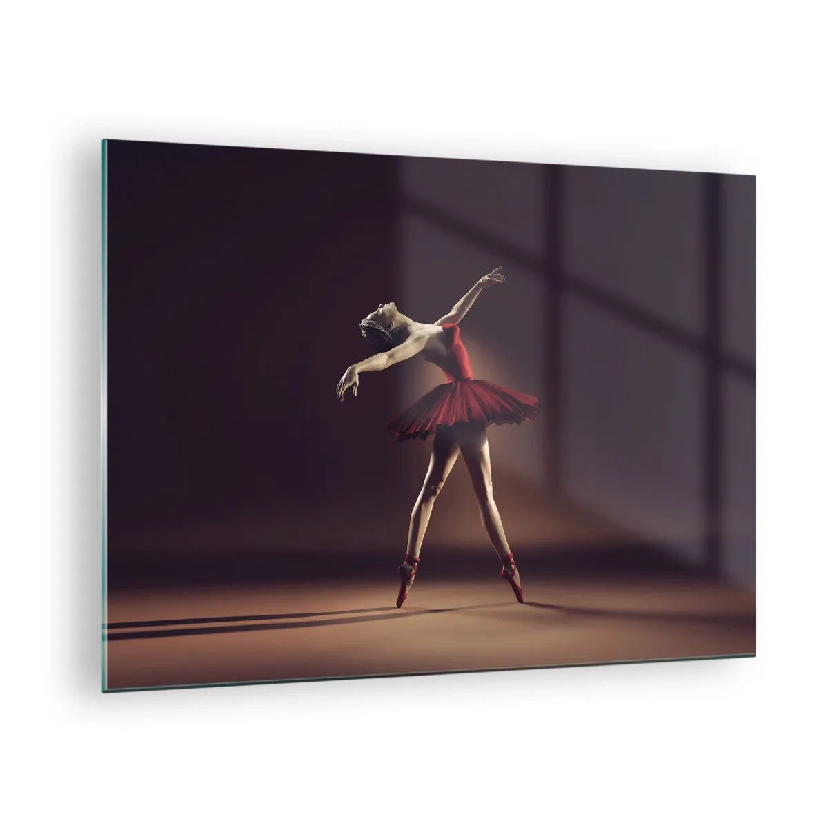 Cuadro sobre vidrio - Impresiones sobre Vidrio - Una bailarina con un vestido rojo en una pose dinámica. - 70x50cm - Primera bailarina - Decoración de pared moderna para salón y dormitorio ARTTOR