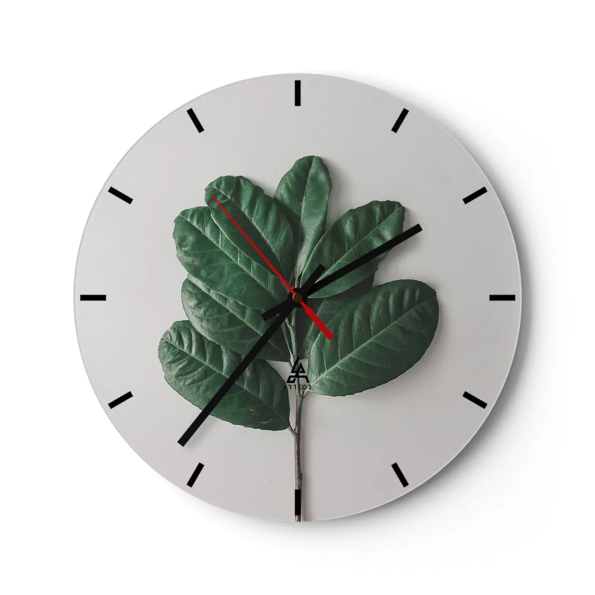 Reloj de pared - Reloj de vidrio - Una rama verde con hojas grandes sobre un fondo claro. - 30x30cm - El dibujo de la propia naturaleza - Decoración de pared moderna para salón, cocina y dormitorio ARTTOR