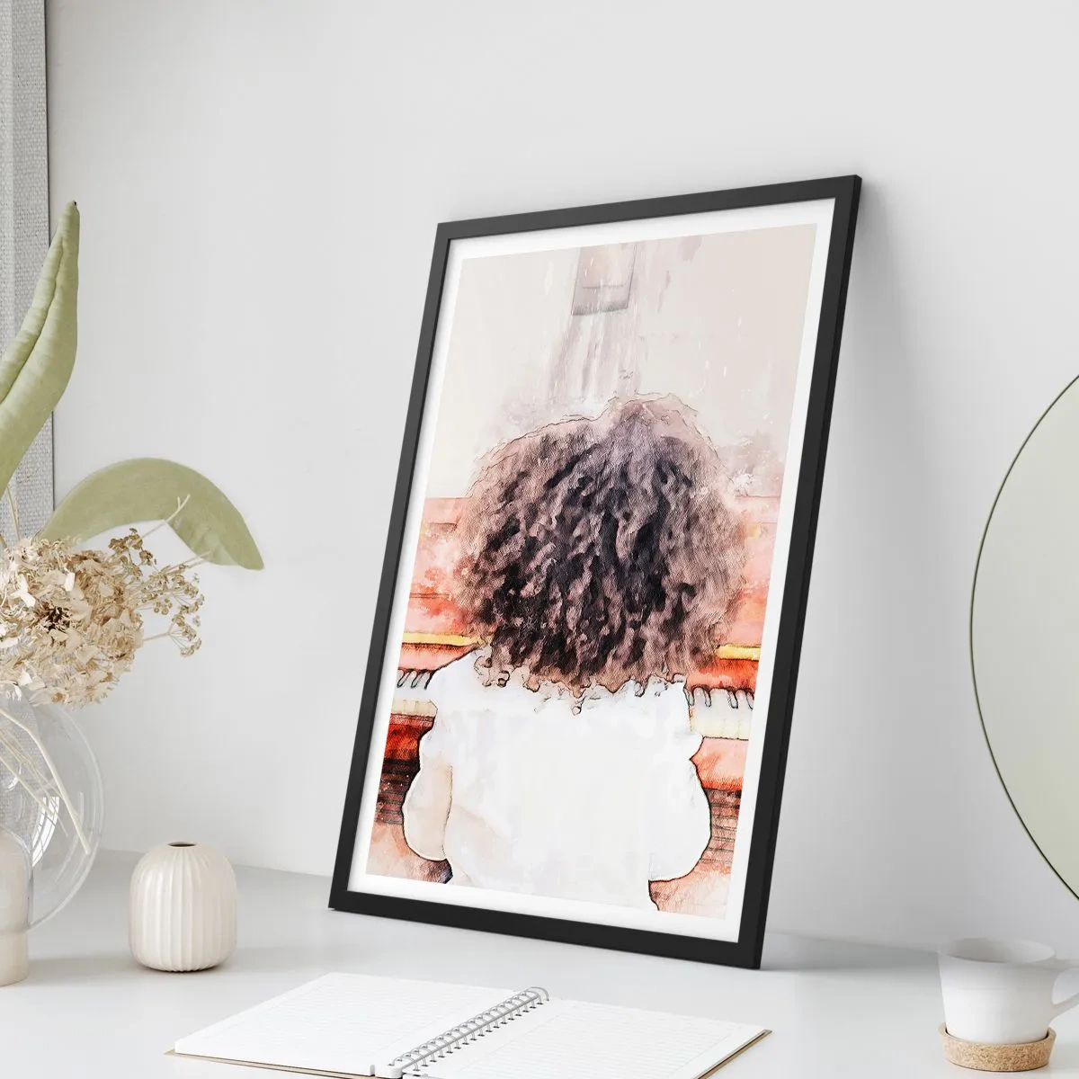 Póster en marco negro - Un niño con rizos exuberantes tocando el piano en estilo acuarela. - 50x70cm - Descubriendo un mundo nuevo - Decoración de pared moderna para salón y dormitorio ARTTOR