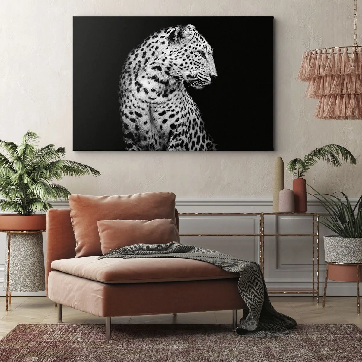 Cuadro sobre lienzo - Impresión de Imagen - Imagen en blanco y negro de un leopardo sobre un fondo negro. - 70x50cm - El perfil derecho es perfecto - Decoración de pared moderna para salón y dormitorio ARTTOR