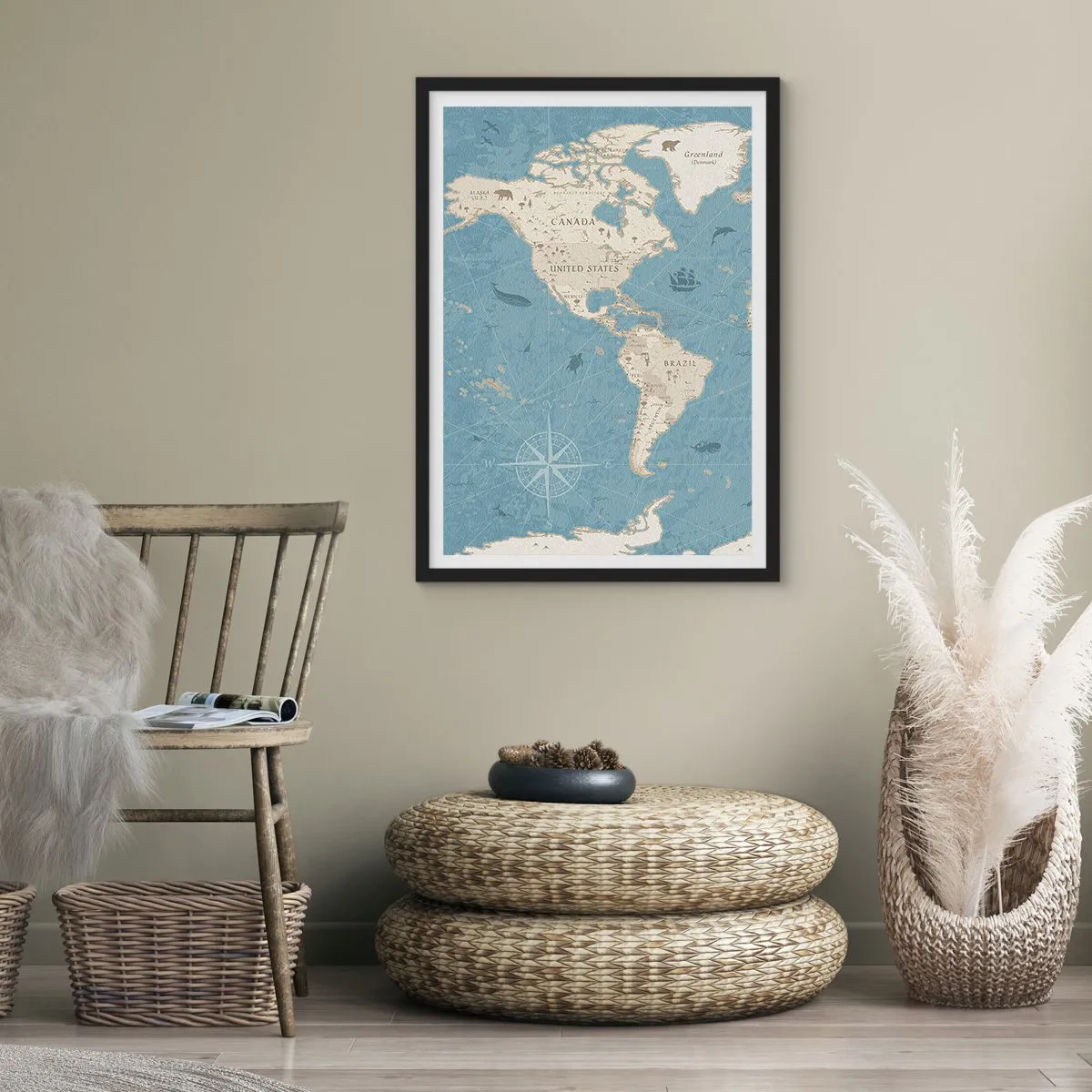 Póster en marco negro - Mapa estilizado de América del Norte y del Sur - 50x70cm - Un mundo al alcance de la mano - Decoración de pared moderna para salón y dormitorio ARTTOR