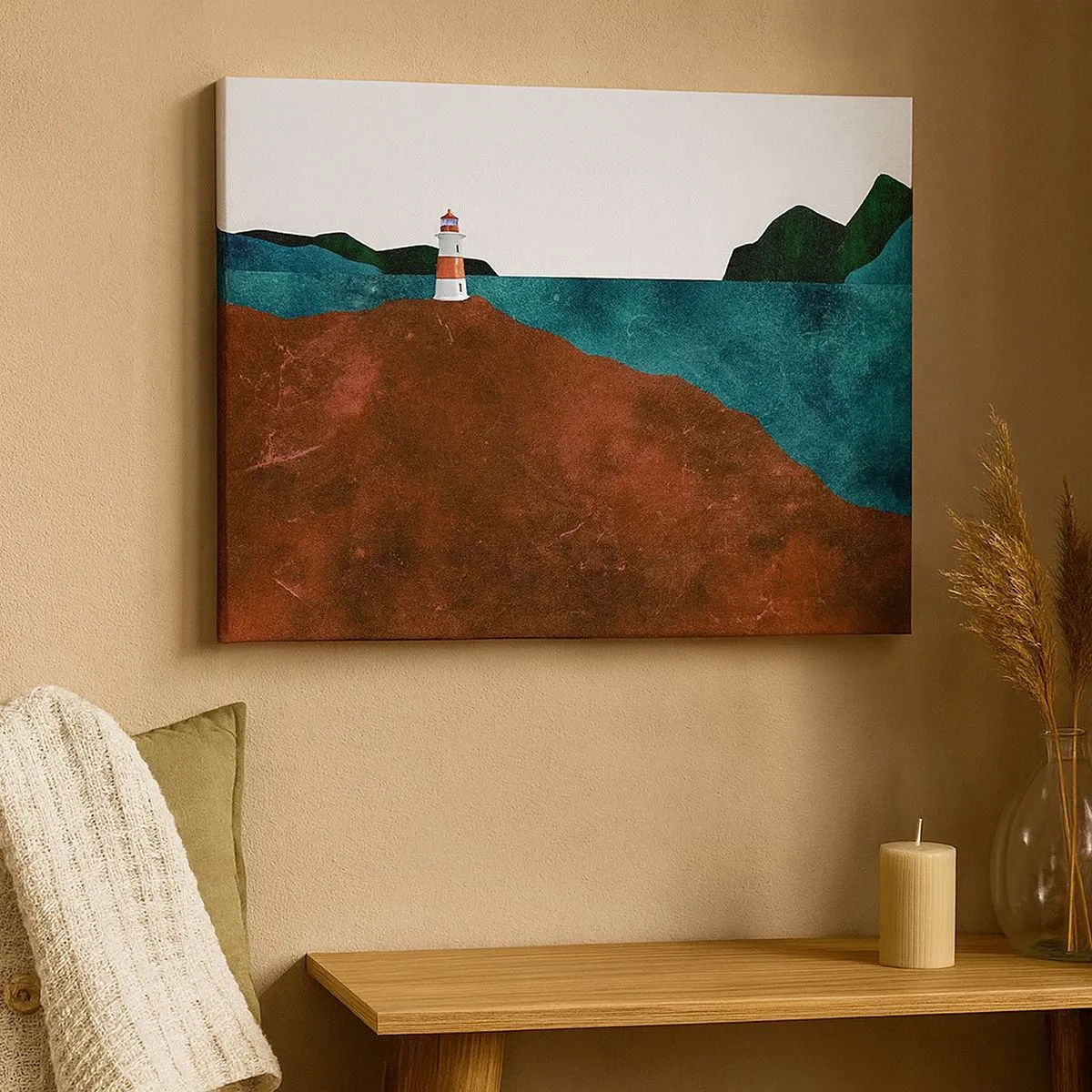 Cuadro sobre lienzo - Impresión de Imagen - Un faro con las montañas y el mar como telón de fondo - 70x50cm - Mirando al mar - Decoración de pared moderna para salón y dormitorio ARTTOR
