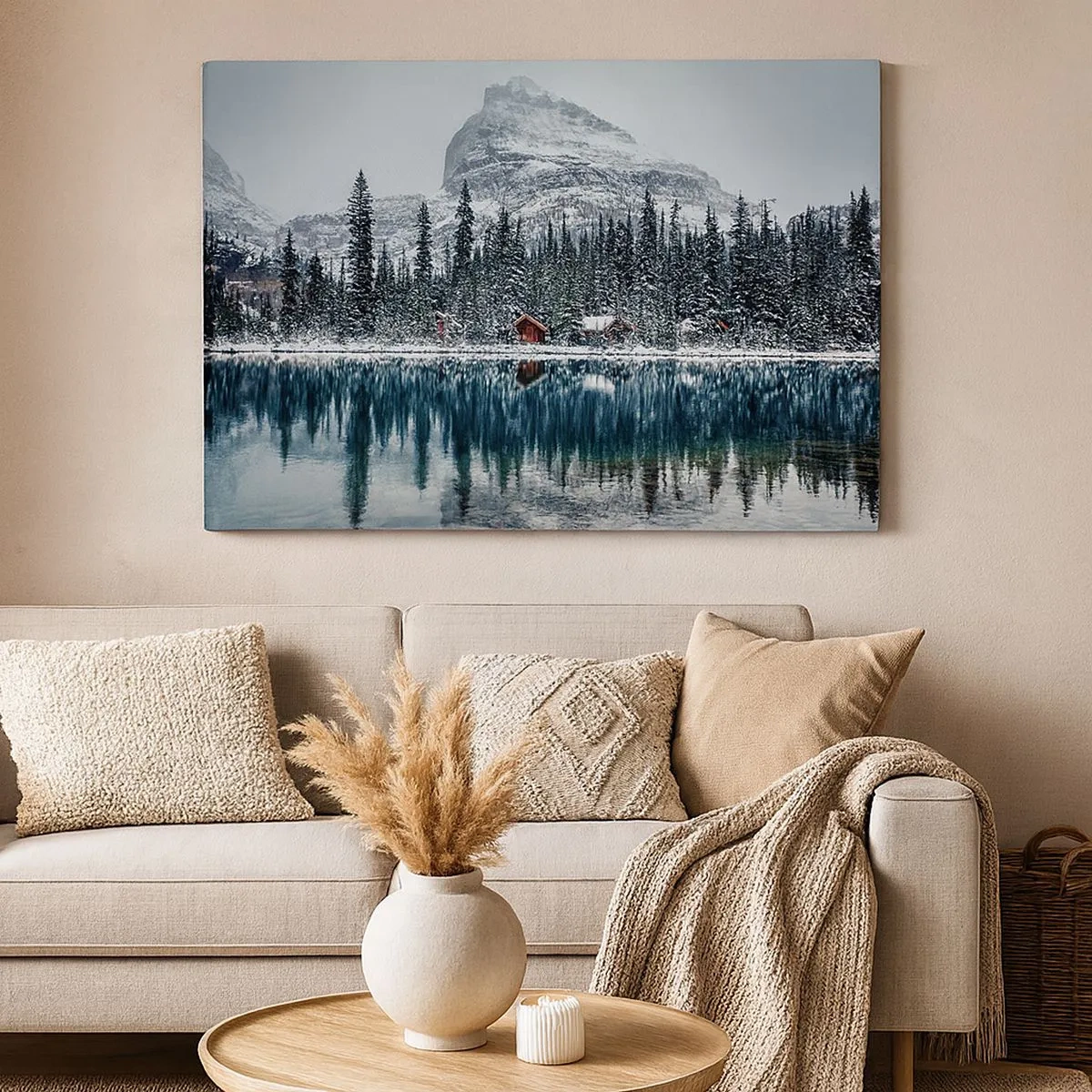 Cuadro sobre lienzo - Impresión de Imagen - Paisaje invernal con cabañas en el bosque junto a un lago congelado - 70x50cm - Retiro canadiense - Decoración de pared moderna para salón y dormitorio ARTTOR